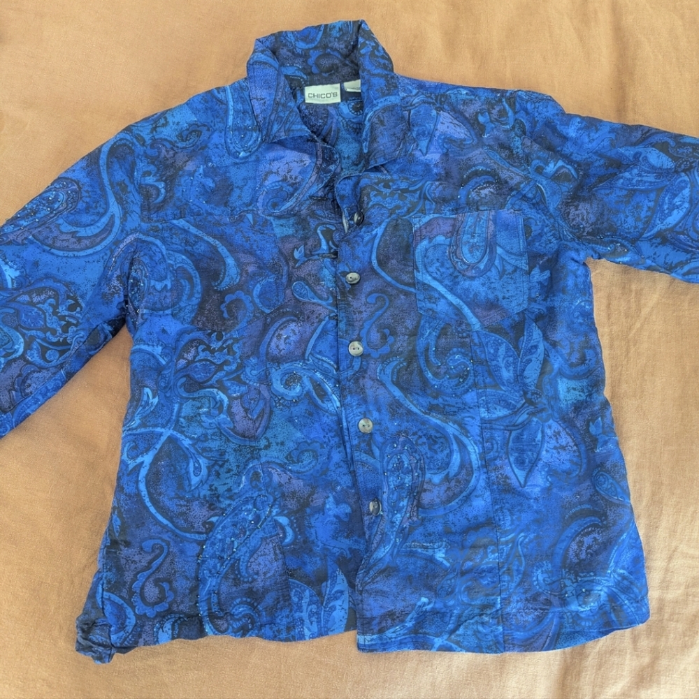 100% Silk Blue Paisley Vintage Print Boho Blouse Chicos 1